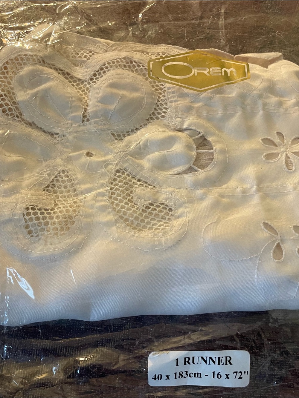 Vintage Queen Anne Embroidered Cutwork Satin Runner- Champagne